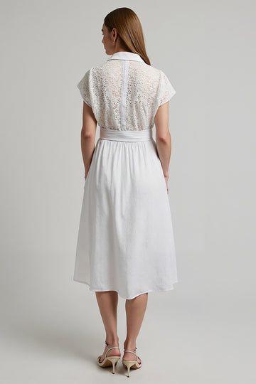 White A Line Midi Work Dress with Short Sleeves